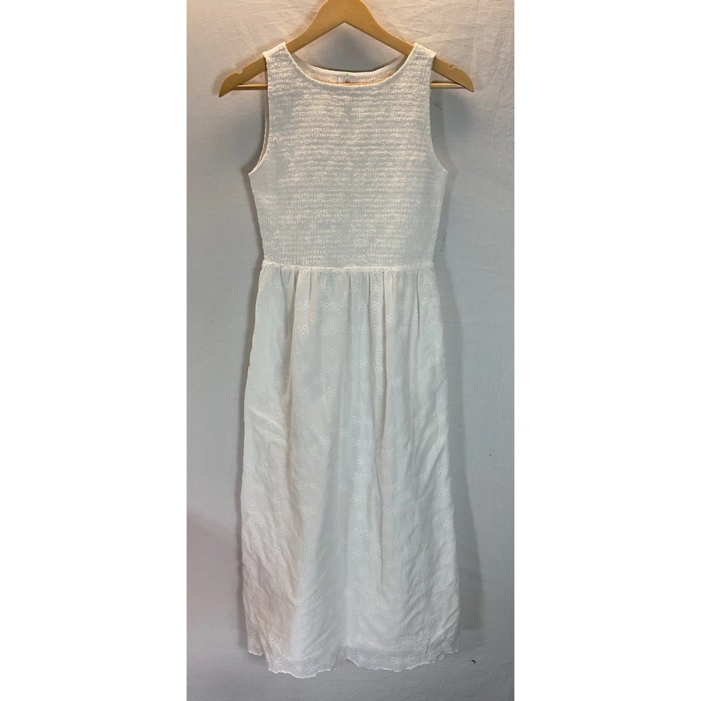 Sleeveless White Midi Dress with Textured Bodice and Eyelet Skirt